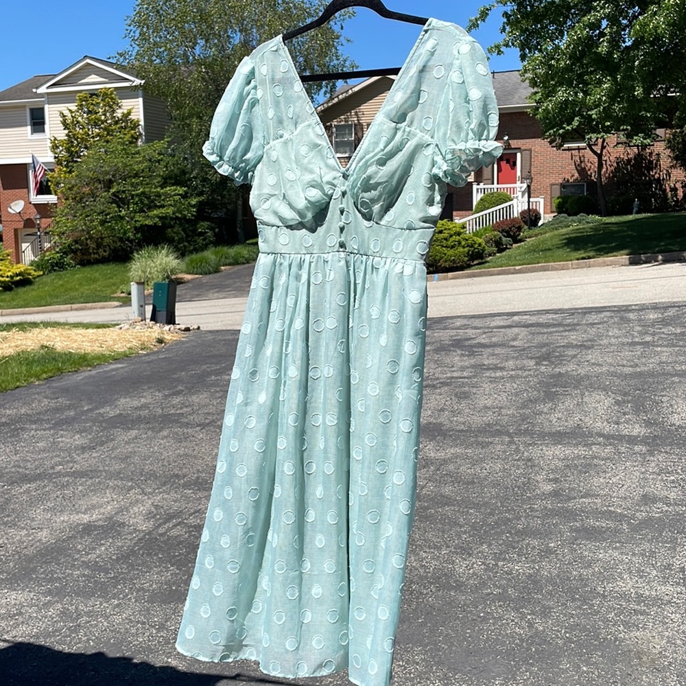 1950s Style Mint Polka Dot Soft Textured Weave Fit & Flare Dress